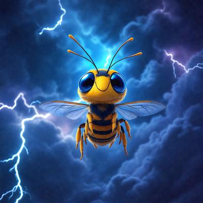 The primary subject of the image is a yellow and black bee with a blue face, flying in the air. The setting is a dark, cloudy sky, which adds a dramatic and moody atmosphere to the scene. The visual style is a digital art or illustration, showcasing the bee in a detailed and vibrant manner. The colors and mood of the image are predominantly dark and dramatic, with the bee's bright colors standing out against the cloudy backdrop.